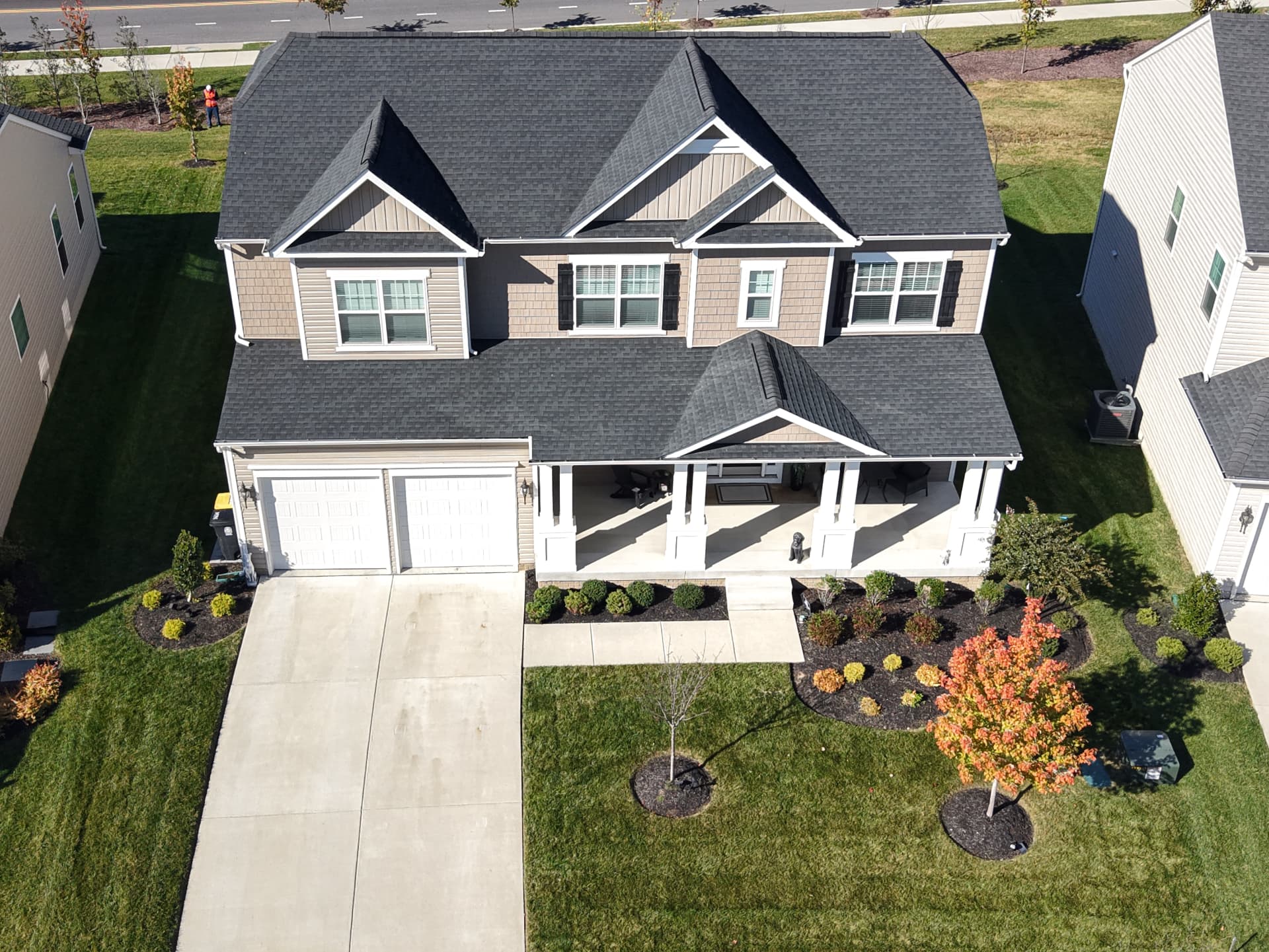 Front elevation of a two-story home in Glenn Dale, Maryland, photographed from above